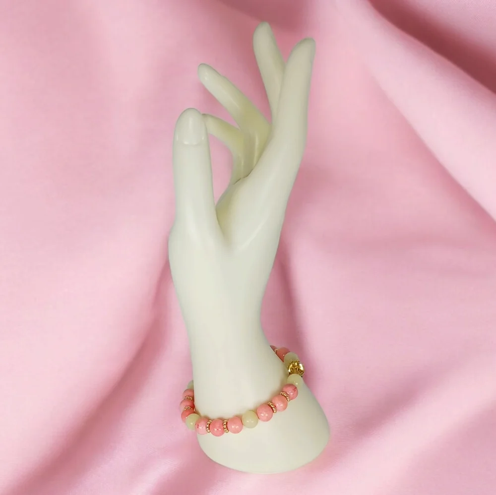 Peach Pink Mountain Jade Green Beryl & Clear Quartz Crystal Bracelet New Preppy
